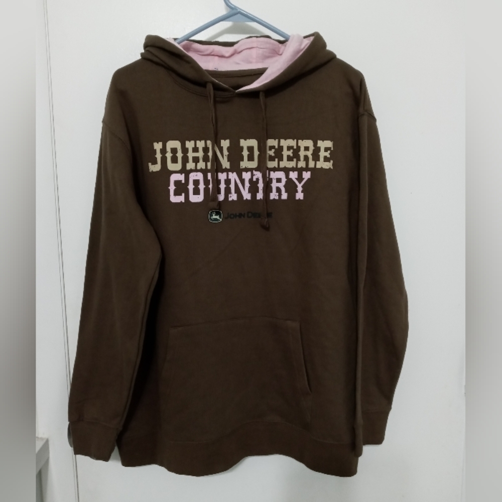 John Deere Country Long Sleeve Pullover Brown Pink Hoodie L NWT